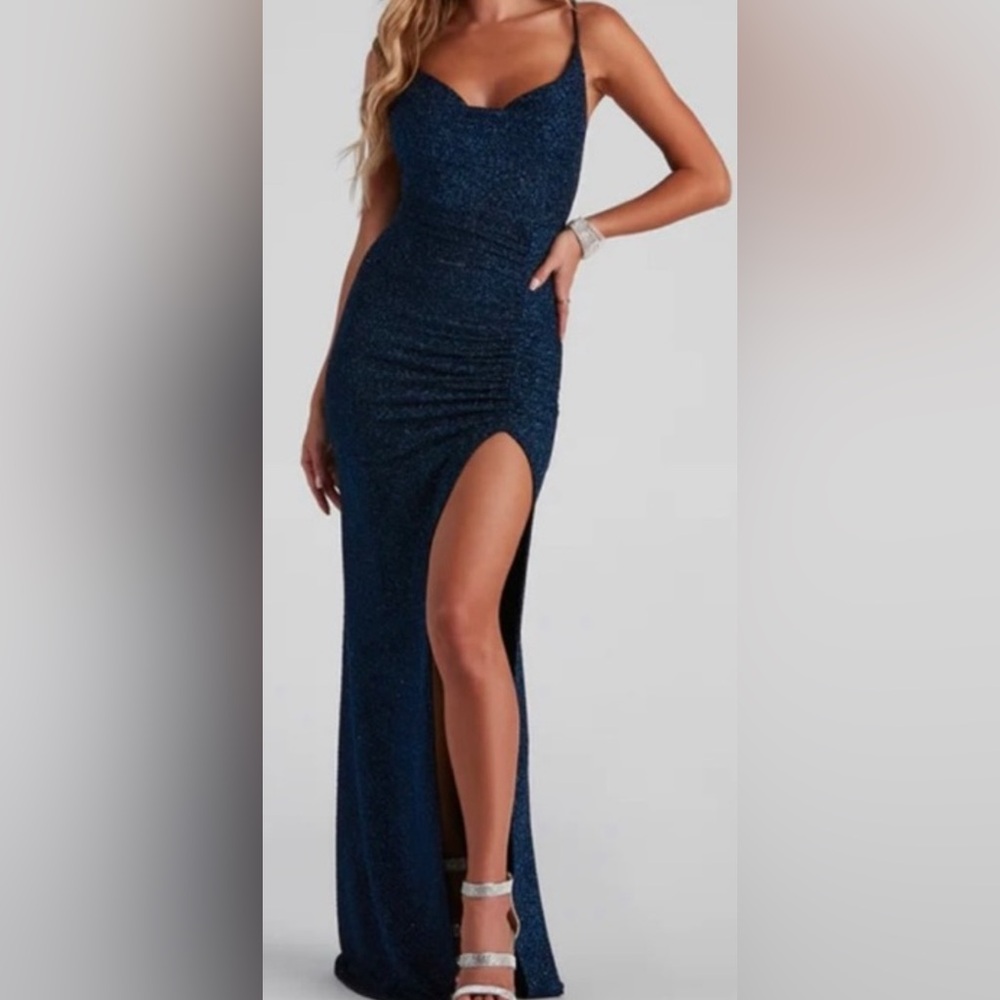 Elegant navy Blue Glitter high slit Formal dress